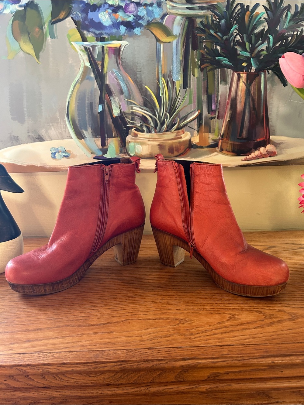 Vintage Women’s Orange Leather Floral Accent Ankle Boots - Picture 5 of 10